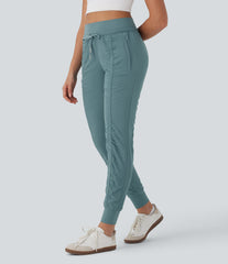 High Waisted Drawstring Tapered Travel Joggers with Side Zip Pockets