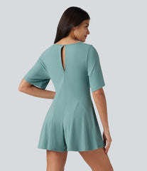 V Neck Short Sleeve Keyhole Back Casual Romper