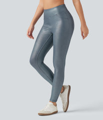 Ribbed Knit High Waisted Foil Print Yoga Leggings with Pockets