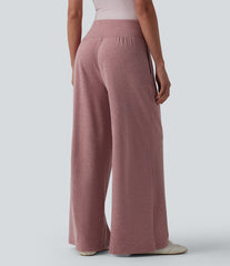 High Waisted Tummy Control Drawstring Wide Leg Casual Pants with Pockets