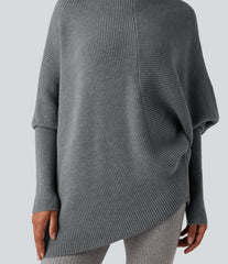 High Neck Batwing Long Sleeve Asymmetric Hem Work Sweater