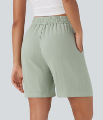 High Waisted Drawstring Casual Linen-Feel Shorts with Pockets