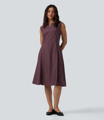 Notched Sleeveless Midi Work Flare Dress with Pockets