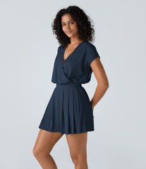 V Neck Short Sleeve Pocket Waffle Casual Romper