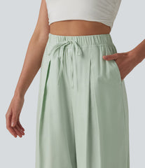 High Waisted Drawstring Barrel Leg Cropped Casual Cotton Linen Pants with Pockets