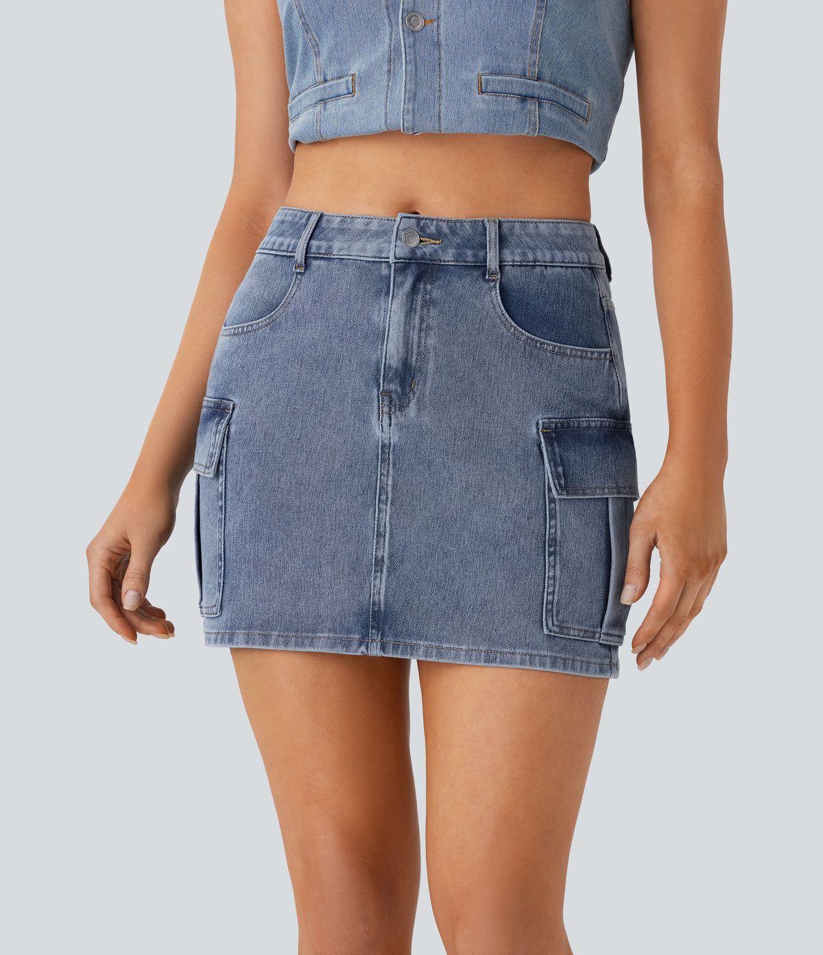 Halara Flex™ Mid Rise Zipper Pockets Denim Mini Casual Cargo Skirt
