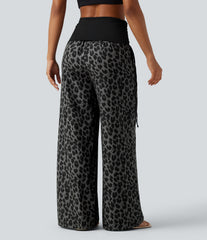 Foldover High Waisted Ruched Drawstring Baggy Leopard Print Casual Pants with Pockets
