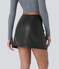 SoftlyZero™ Faux Leather High Waisted Hem 2-in-1 Pocket Sparkle Foil Print Stretchy Bodycon Mini Skirt