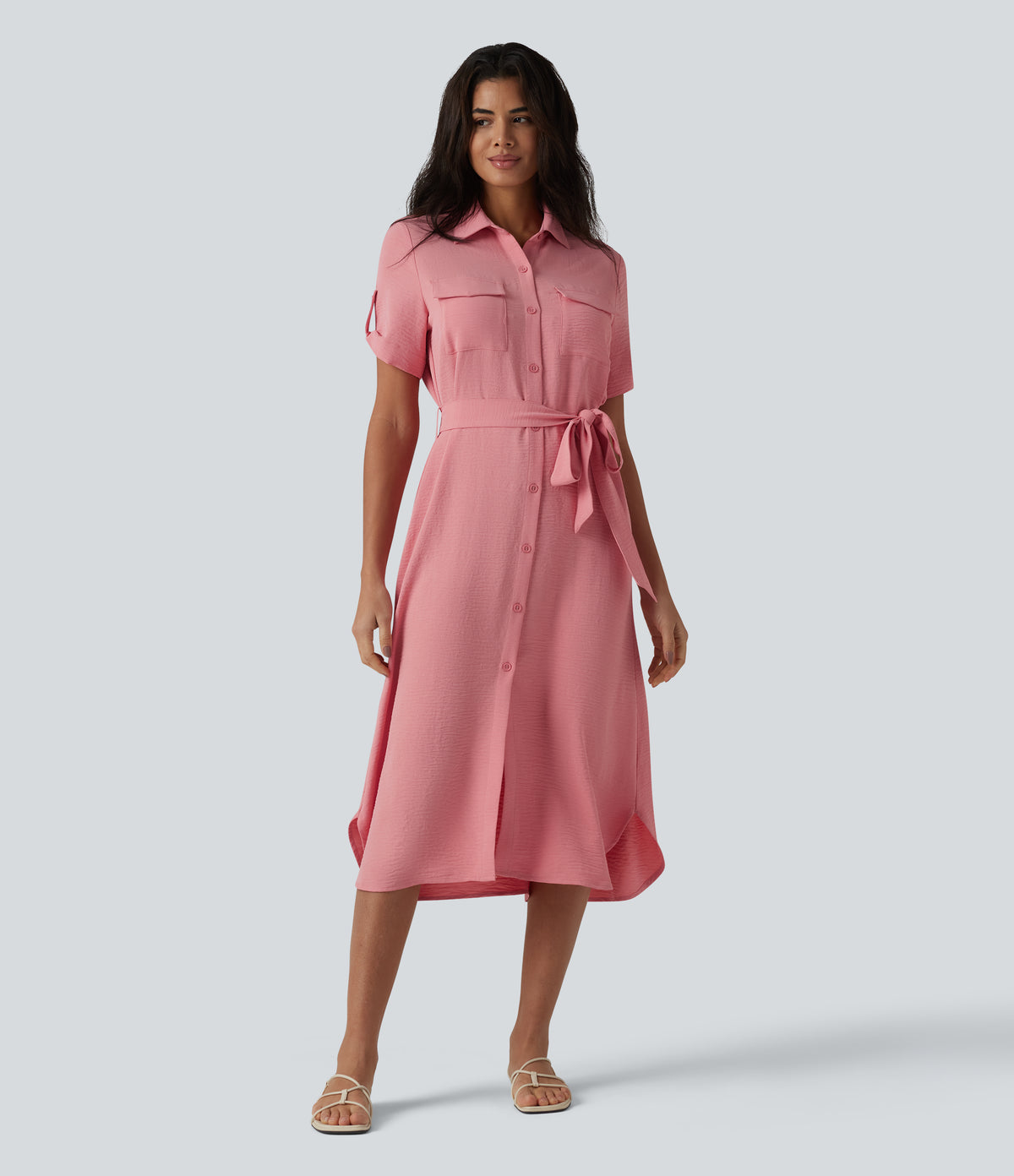 Short Sleeve Belted Midi Casual Linen-Feel Shirt Dress with Pockets