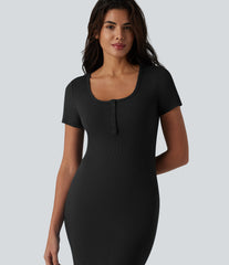 Ribbed Knit Henley Short Sleeve Midi Bodycon Mermaid Casual Dress