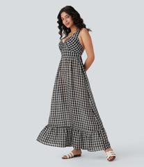 Tie Back Ruffle Hem Plaid Flowy Maxi Casual Dress