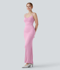 Ribbed Cowl Neck Backless Ruched Maxi Party Slip Dress