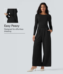 Boat Neck Long Sleeve Wide Leg Casual Jumpsuit with Pockets-Easy Peezy Edition