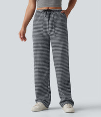 Mid Rise Drawstring Straight Leg Gingham Casual Pants with Pockets