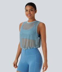 Sheer Mesh Cut Out Drawstring Hem Running Tank Top