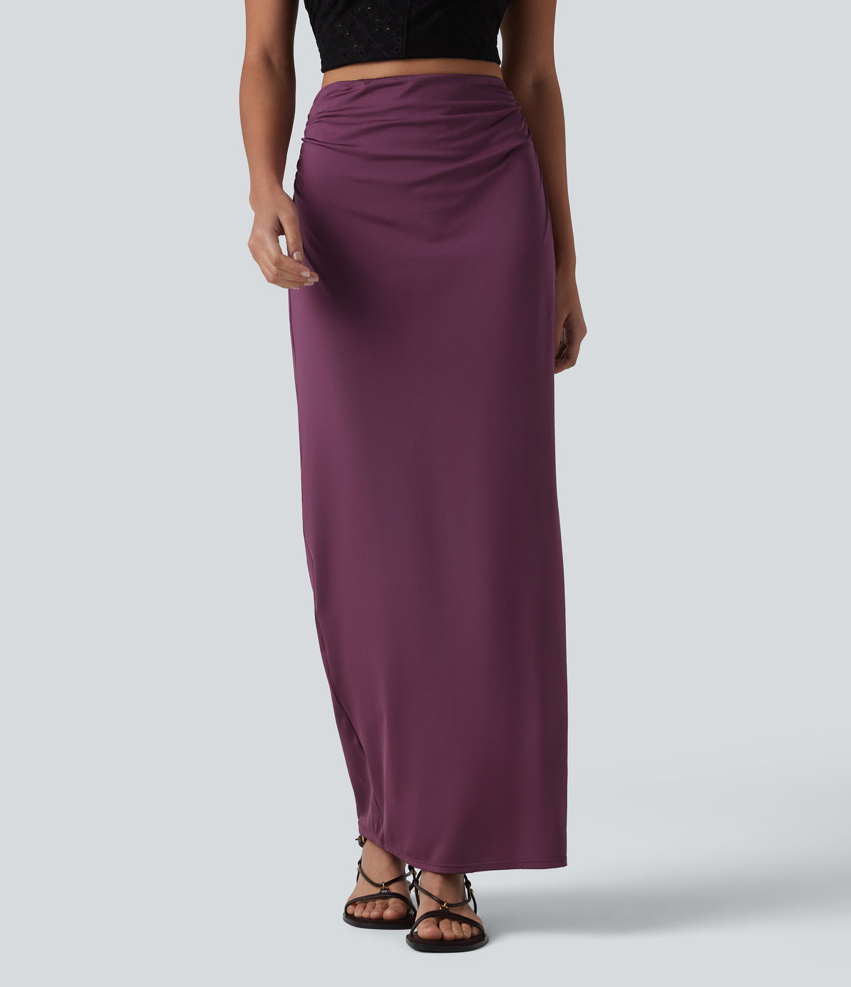 High Waisted Ruched Stretchy Satin-Like InstantCool Maxi Casual Pencil Skirt