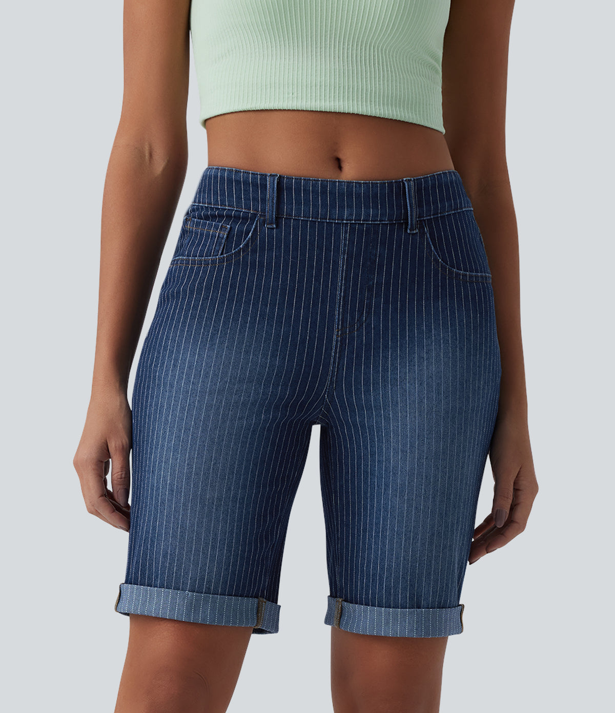 Halara Flex™ Mid Rise Rolled Hem Stripes Denim Casual Skinny Bermuda Shorts with Pockets