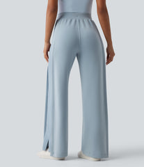 SpacerTek™ High Waisted Inner Drawstring Contrast Ribbed Split Casual Wide Leg Pants with Pockets
