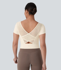SoftlyZero™ Plush U Neck Short Sleeve Crossover Contrast Mesh Yoga Sports Top