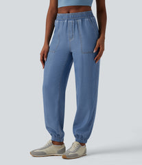 Mid Rise Denim Casual Joggers with Pockets