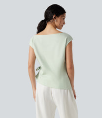Boat Neck Cap Sleeve Tie-side Casual Linen-Blend Blouse