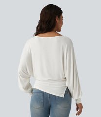 Ribbed Knit Boat Neck Batwing Long Sleeve Split Ruched Hem Casual Top