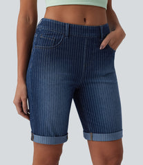 Halara Flex™ Mid Rise Rolled Hem Stripes Denim Casual Skinny Bermuda Shorts with Pockets