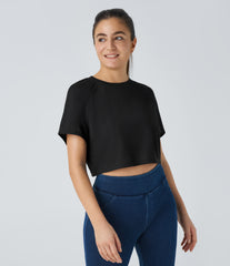 Raglan Sleeve Solid Cropped Waffle Casual Tee