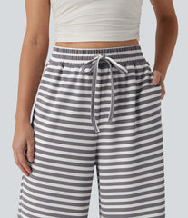 High Waisted Drawstring Stripe Waffle Wide Leg Casual Pants with Pockets