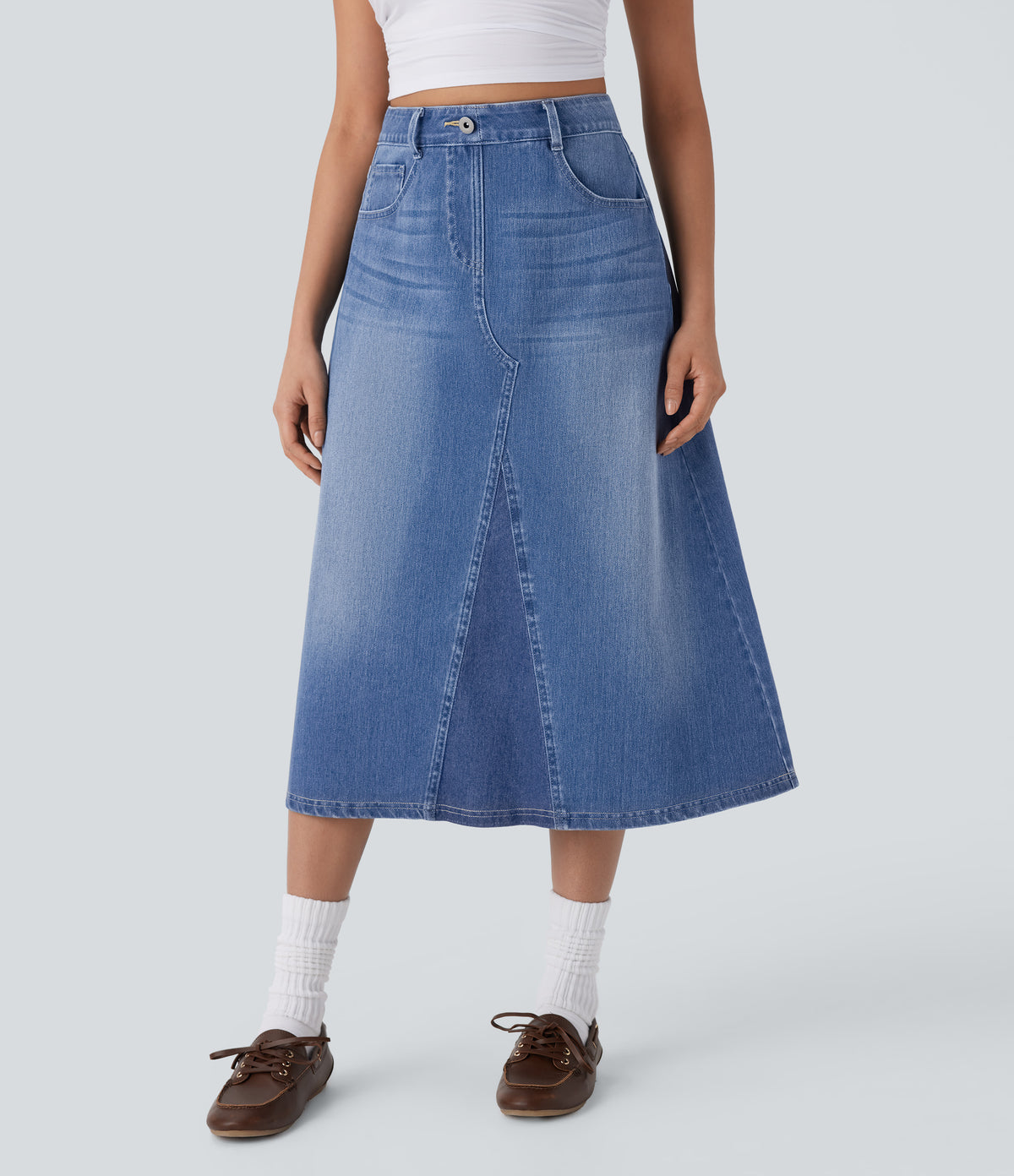 Halara Flex™ High Waisted Pockets Midi Washed Denim Casual A-Line Skirt