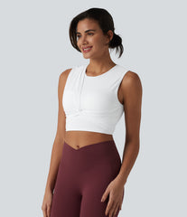 Ribbed Knit Twisted Mesh Overlay Built-in Bra InstantCool Anti-odor Yoga Cropped Tank Top-UPF40+