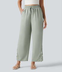 High Waisted Drawstring Wide Leg Casual Lyocell Linen-Blend Pants with Pockets