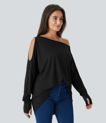 Cut Out Oblique Shoulder Thumb Hole High Low Oversize Casual Top