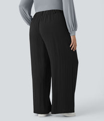 High Waisted Pocket Wide Leg Flowy Casual Linen-Feel Plus Size Pants