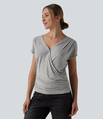 Ribbed V-neck Short Sleeve Snap Button Crossover Ruched Casual Heathered Top