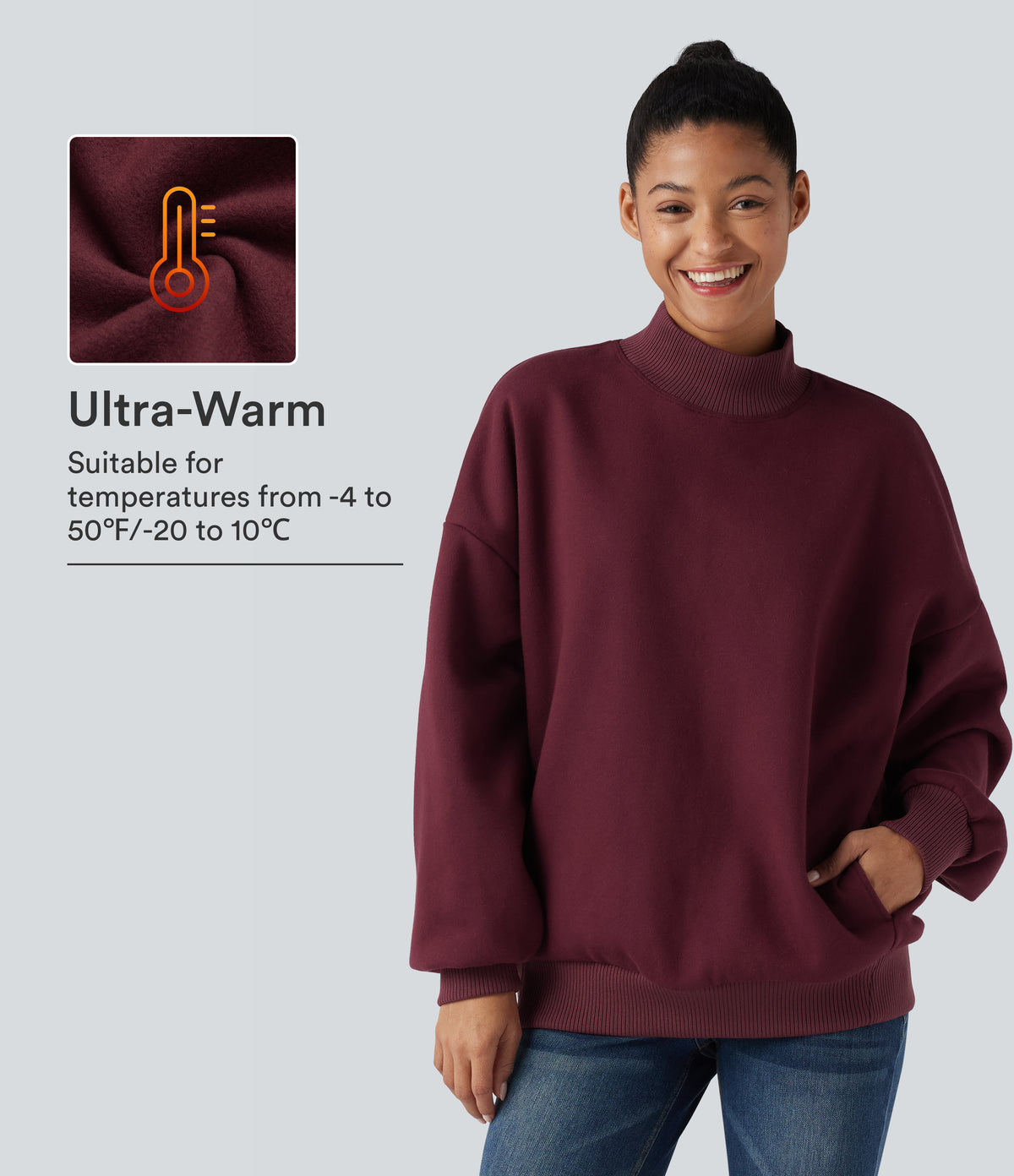 Mock-neck Fleece Relaxed Casual Cotton Sweatshirt with Pockets