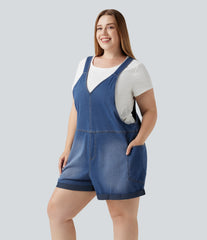 Plus Size Halara Flex™ V Neck Rolled Hem Washed Denim Casual Short Overalls with Pockets