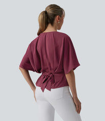 Deep V-neck Batwing Sleeve Tie-back Casual Top