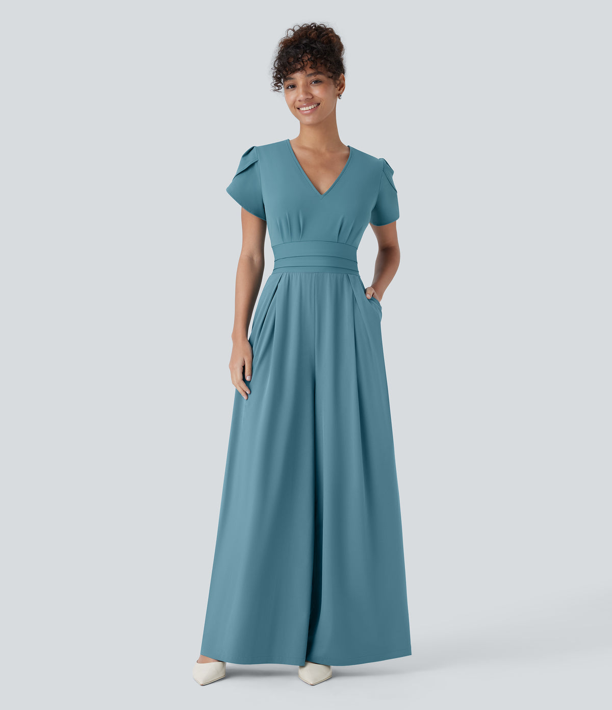 Breezeful™ V Neck Petal Sleeve Pocket Wide Leg Flowy Quick Dry Work Jumpsuit