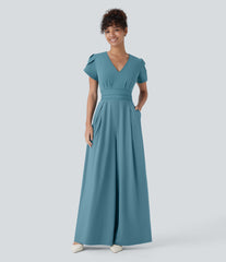 Breezeful™ V Neck Petal Sleeve Pocket Wide Leg Flowy Quick Dry Work Jumpsuit