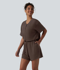 Henley Short Sleeve Casual Romper with Pockets-Easy Peezy