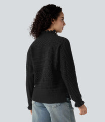 Ruffle Mock Neck Long Sleeve Cut Out Casual Sweater