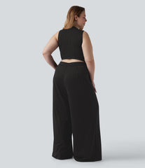 Plus Size V Neck Sleeveless Cut Out Wide Leg InstantCool Stripe Work Jumpsuit with Pockets