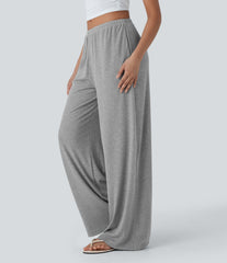 High Stretch Ribbed Low Rise Drawstring Wide Leg Flowy Casual Pants with Pockets