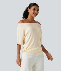 Ribbed Knit Off Shoulder Batwing Sleeve Casual Top