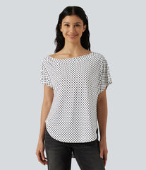 One Shoulder Short Sleeve Curved Hem High Low Built-in Bra Polka Dot Casual Top