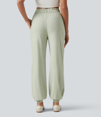 High Waisted Casual Stretch Linen Joggers with Pockets
