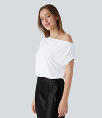 Asymmetrical Neck Ruched Work Bodysuit