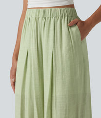 High Waisted Linen-Feel Casual Wide Leg Pants with Pockets