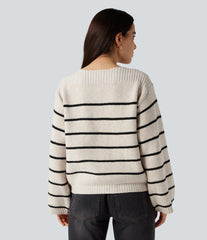 Boat Neck Long Sleeve Stripes Work Sweater